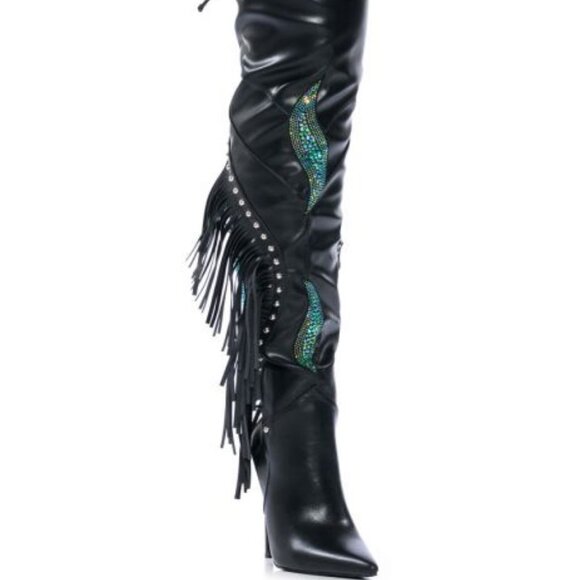 "COUNTRY WIT A LIL RUNWAY"  RHINESTONE OVER THE KNEE STILETTO BOOT /FRINGE BLACK - Picture 4 of 8